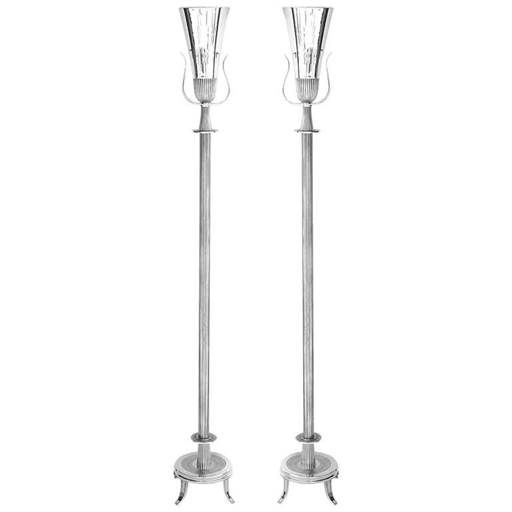 Pr Silver Plated Torchiere Floor Lamps by Tommi Parzinger |TFTM Melrose Pr Silver Plated Torchiere Floor Lamps by Tommi Parzinger |TFTM Melrose