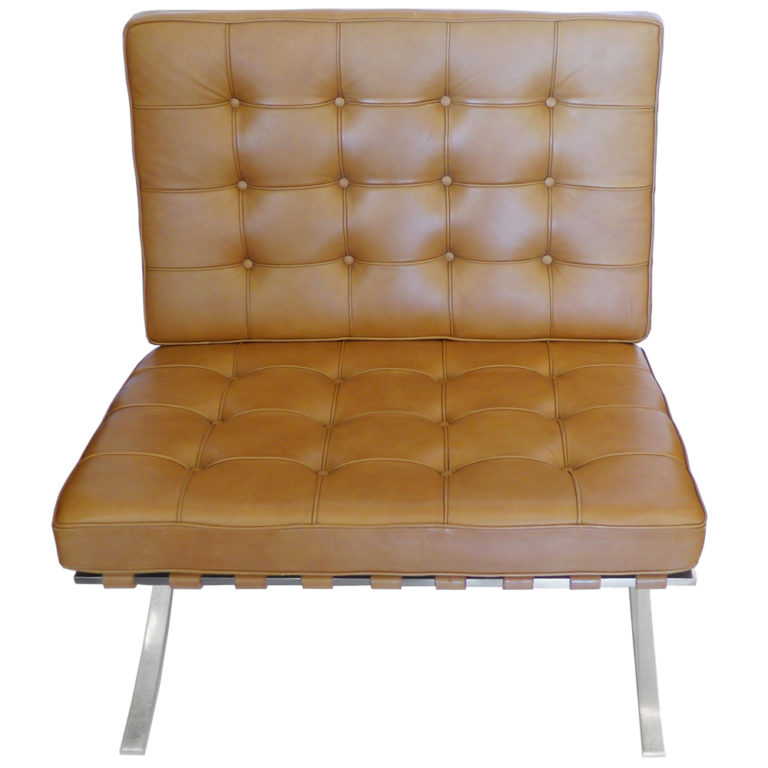 Pair of Stainless Barcelona Chairs in Tan Leather Knoll // TFTM
