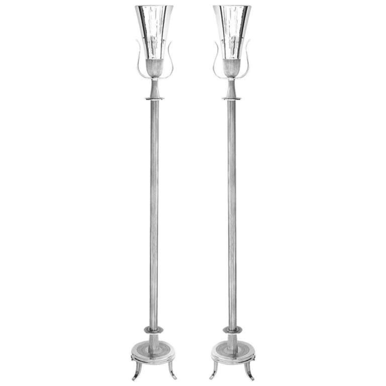 Pr Silver Plated Torchiere Floor Lamps by Tommi Parzinger |TFTM Melrose